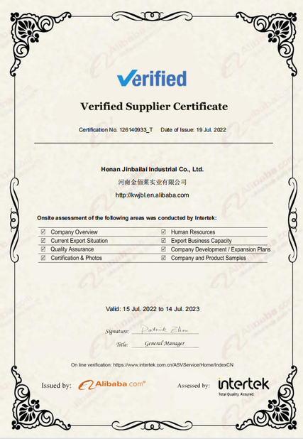 China Henan Jinbailai Industrial Co., Ltd. Certificaten